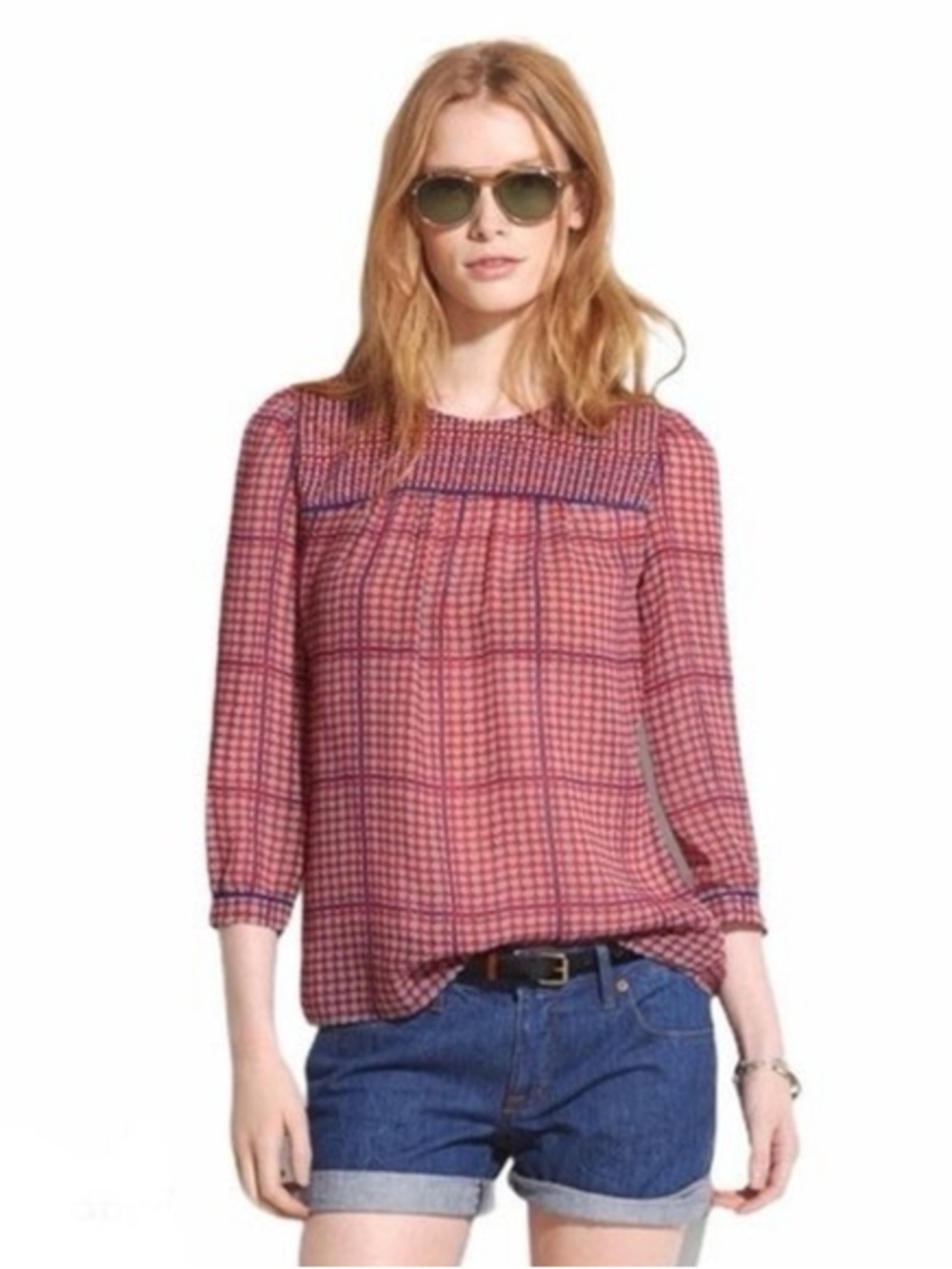 Madewell 100% Silk Peasant Blouse in Retrogrid Sheer Women’s Size Large